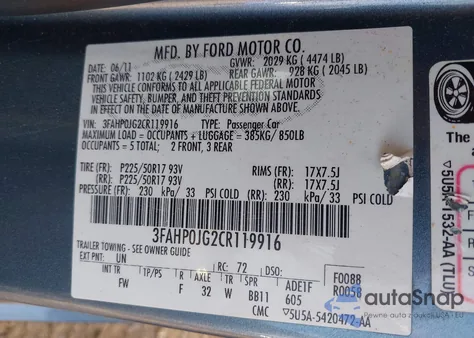 2012 Ford Fusion Sel z USA, uszkodzony, nr VIN 3FAHP0JG2CR119916